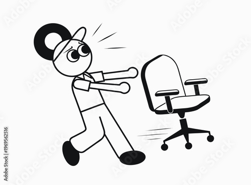 Startled character chasing a moving office chair illustration with stick figure with movement blur