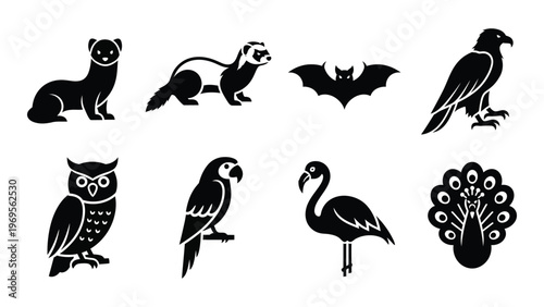 A collection of diverse animal silhouettes including a ferret bat owl flamingo and peacock silhouette high quality professional detailed modern elegant
