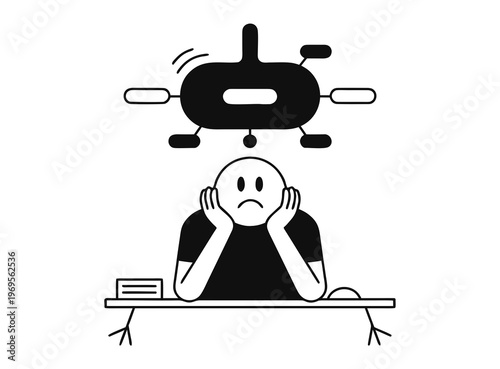Bored person at desk with abstract network above head with stick figure with lack of motivation