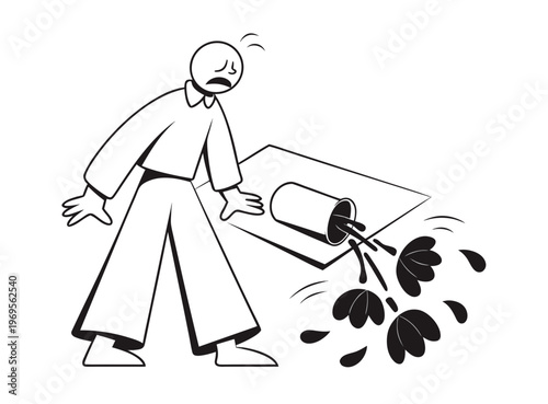 Distressed figure spills liquid from overturned cup illustration with stick figure with bad luck