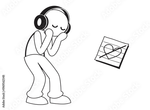 Person listening to music with headphones, letting go of heartbreak symbol, moving on, self care