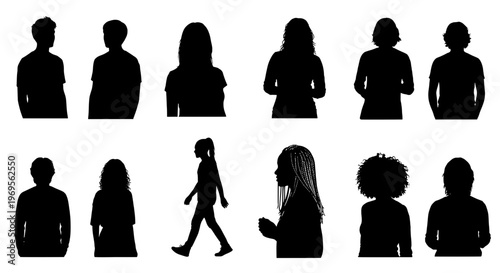 People silhouettes set with various poses and hairstyles in black on white background featuring standing, walking, side view with back view and front