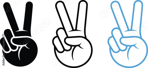 Peace sign hand icon set, black and blue vector graphics of V gesture symbolizing freedom success victory and positive expression in diverse styles.