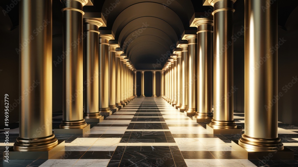 Fototapeta premium Golden pillars create a grand corridor with patterned marble floors and soft lighting