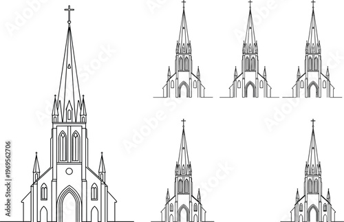 Line Art Illustration of Gothic Church Building with Cross in Various Sizes for Religious and Architectural Concepts