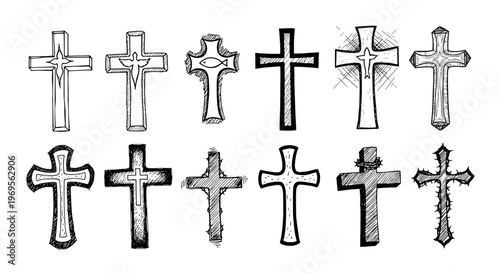 Crosses hand-drawn set with various styles and textures for religious designs featuring symbols, sketch, black and white with texture and grunge