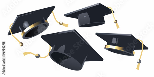 Four graduation caps floating in a celebratory arrangement isolated on white