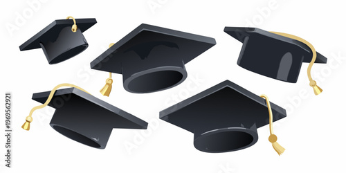 A collection of black graduation caps with golden tassels floating freely