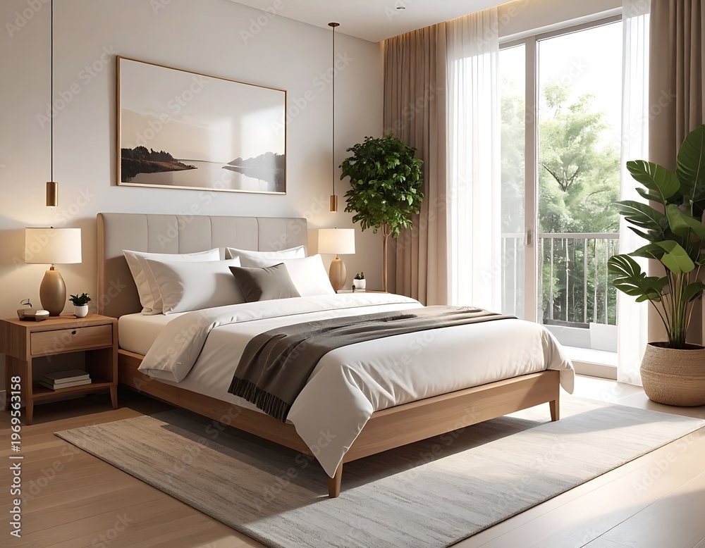 Fototapeta premium A bright, modern bedroom with a large bed, picture frame, nightstands, and plants. A large window offers a view of a balcony