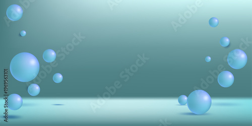 浮遊するブルーグラデーションの球体が並ぶミニマルな3D空間背景、未来的で清潔感のあるデジタルビジュアル素材