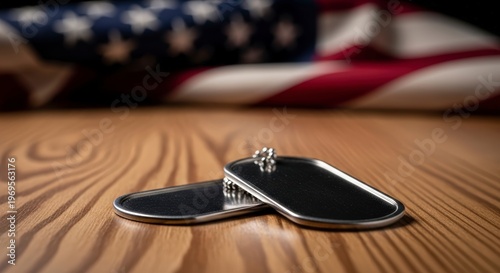 dog tags on wooden table American.