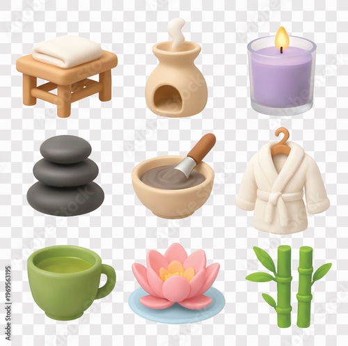 Wellness and Luxury Spa Vector Icon Set | 3D icon set | towel, incense oil burner, purple candle, zen balancing stones, face mask bowl, bathrobe, green tea, pink lotus flower, bamboo stalks