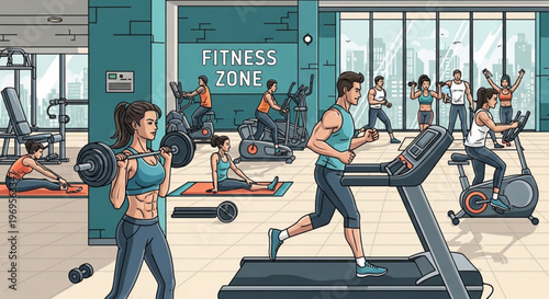 People Working Out in Gym Fitness Training Exercise Illustration