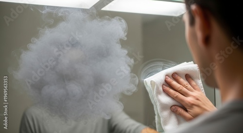 Man holding steaming hot white towel.