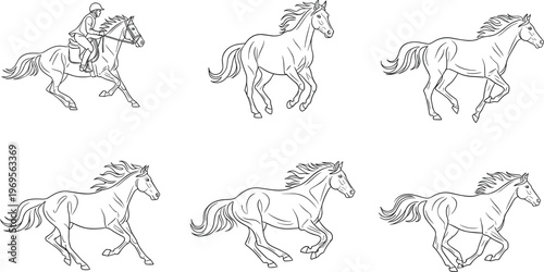 Line Art Illustration of Horses in Various Galloping Poses with Rider and Without Rider for Equestrian Sports and Animal Lovers