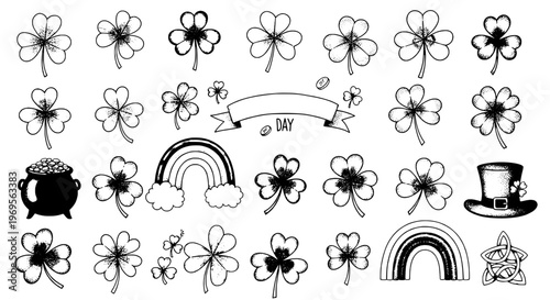 Clover collection with pot of gold, rainbow, hat, and Celtic knot for St. Patrick's Day featuring shamrock, holiday, celebration with luck and lucky