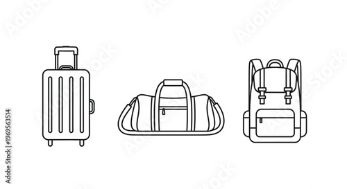 Line art illustration of a rolling suitcase duffel bag and backpack