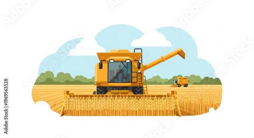 Combine Harvester Harvesting Wheat Agricultural Machine Farming Illustration