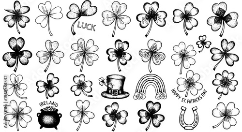 Shamrock and St. Patrick's Day icons set with clover leaves, horseshoe, rainbow, and pot of gold featuring luck, ireland, leprechaun hat with celtic