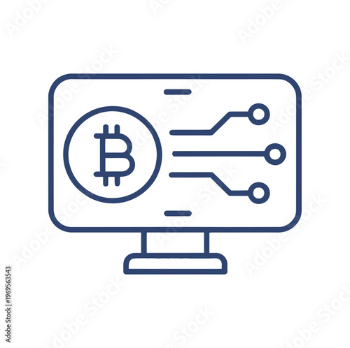 Computer monitor displaying a bitcoin symbol and blockchain network