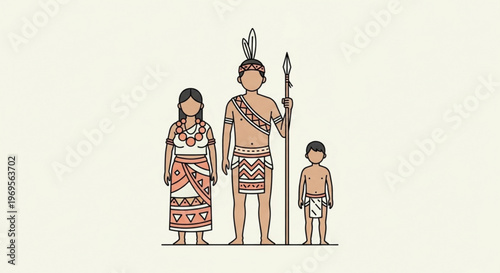 Tribal Family in Traditional Costume Indigenous People Culture Illustration