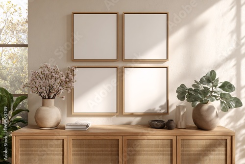 Modern living room interior with four empty square frames on beige wall