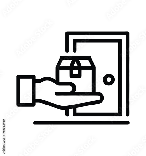 Hand holding a package near a door symbolizing delivery
