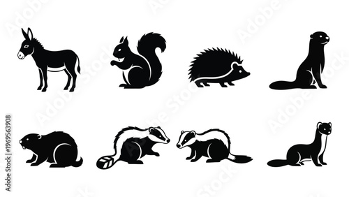 A collection of diverse animal silhouettes including a donkey squirrel and weasel presented in a clean design silhouette high quality professional