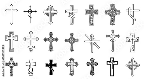 Crosses icons collection with intricate designs, religious symbols, and Celtic patterns on white background