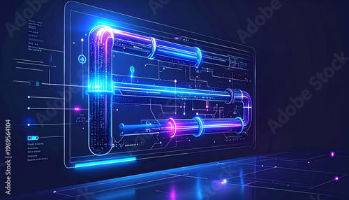 Futuristic Data Flow Visualization: A captivating digital depiction showcasing the intricate flow of data through interconnected pipelines, glowing with vibrant neon light.