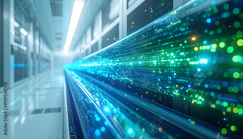 Digital Data Stream: A visualization of digital data flowing through a server room, showcasing modern technology and information transfer.