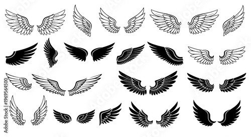 Wings collection with various designs and styles for artistic use featuring line art, vector, illustration with graphic design and tattoo design