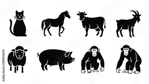 A collection of farm and wild animals displayed in a stark black silhouette style showcasing distinct forms high quality professional detailed