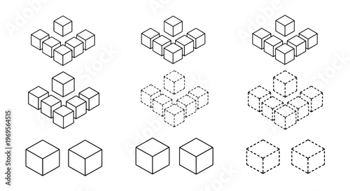 Cubes isometric line art set with solid and dashed outlines, representing different stages of construction or visualization.