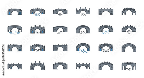 Diverse Bridge Icons Set Vector Illustration Engineering Architecture Transportation Infrastructure Design Elements Minimalist Style Graphic