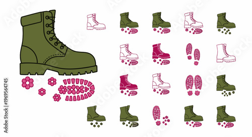 Hiking Boots and Footprints Illustration Design - Outdoor Adventure Gear Graphic Art for Travel and Nature Lovers