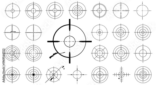 Targets set with black and white circles and lines for aiming practice featuring target, bullseye, shooting with archery and darts elements for