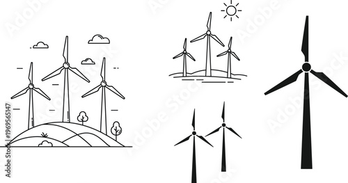 Line Art Illustration of Wind Turbines on Hillside with Sun and Clouds for Renewable Energy and Sustainable Power Concepts