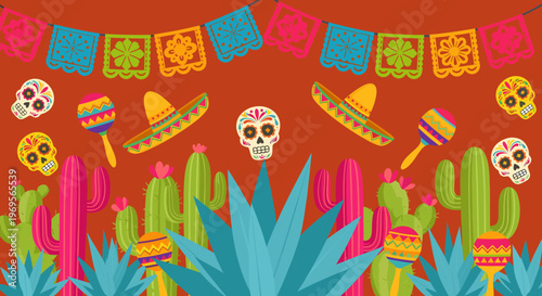 Vibrant Mexican fiesta background with traditional papel picado banners, colorful sugar skulls, sombreros, maracas, cacti, and agave plants, perfect for cultural celebrations.