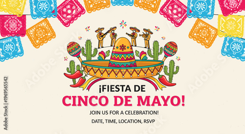 Vibrant Cinco de Mayo fiesta invitation with traditional Mexican decorations, mariachi band, sombrero, maracas, and festive papel picado banners.
