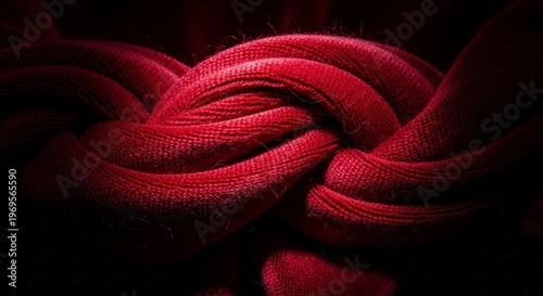 Knot in red rope close-up.