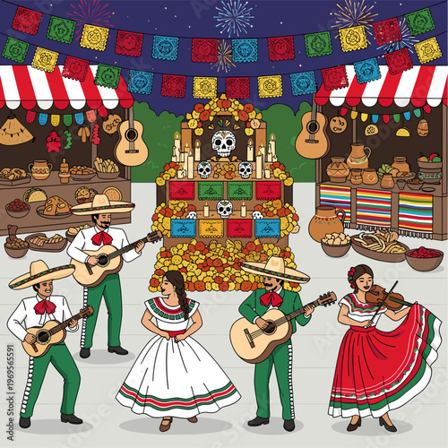 Vibrant Mexican festival scene with musicians, dancers, food stalls, and a traditional Day of the Dead altar under festive banners and fireworks.