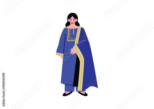 パキスタンの伝統的な民族衣装を着た女性のイラスト