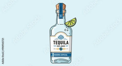 An illustrated bottle of tequila with a lime wedge on a light blue background, depicting a classic alcoholic beverage.