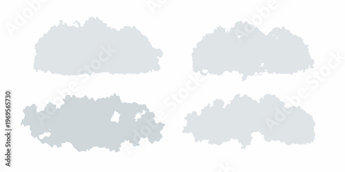 Four abstract cloud shapes in shades of gray on a white background