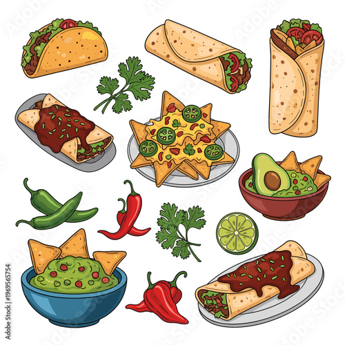 A vibrant collection of hand-drawn Mexican food items including tacos, burritos, enchiladas, nachos, and guacamole, garnished with chili peppers and cilantro.