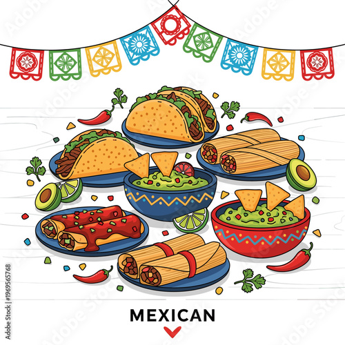 Vibrant illustration of a delicious Mexican food spread featuring tacos, burritos, enchiladas, tamales, guacamole, and nachos, adorned with colorful papel picado banners.