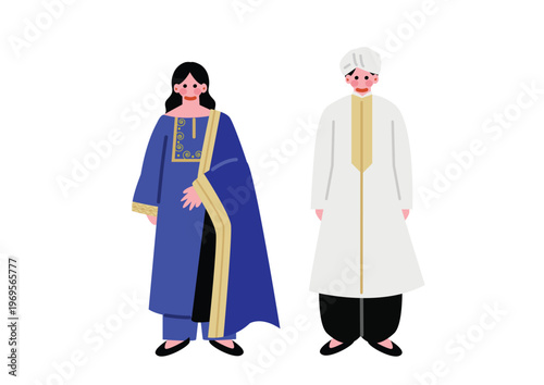 パキスタンの伝統的な民族衣装を着た男女のイラスト