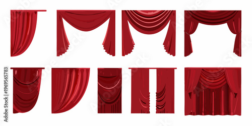 Collection of red stage curtains in various draped and flowing styles