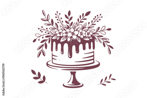 Maroon hand-drawn cake with dripping icing and white flowers on a cake stand